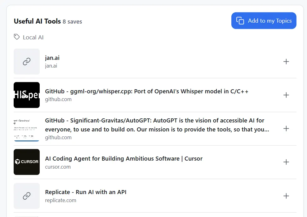 A shared Topic in Community on a computer: its Saves with previews, and the “Add to my Topics” button