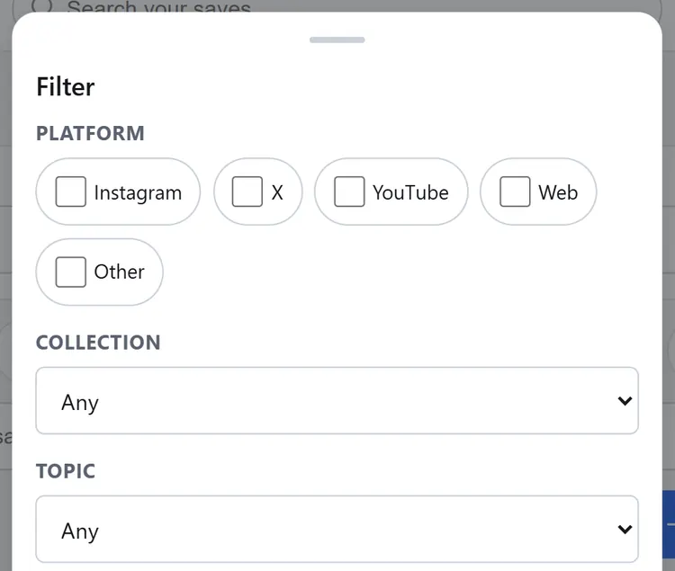 The Filter panel in the Library: platform, Topic and source filters