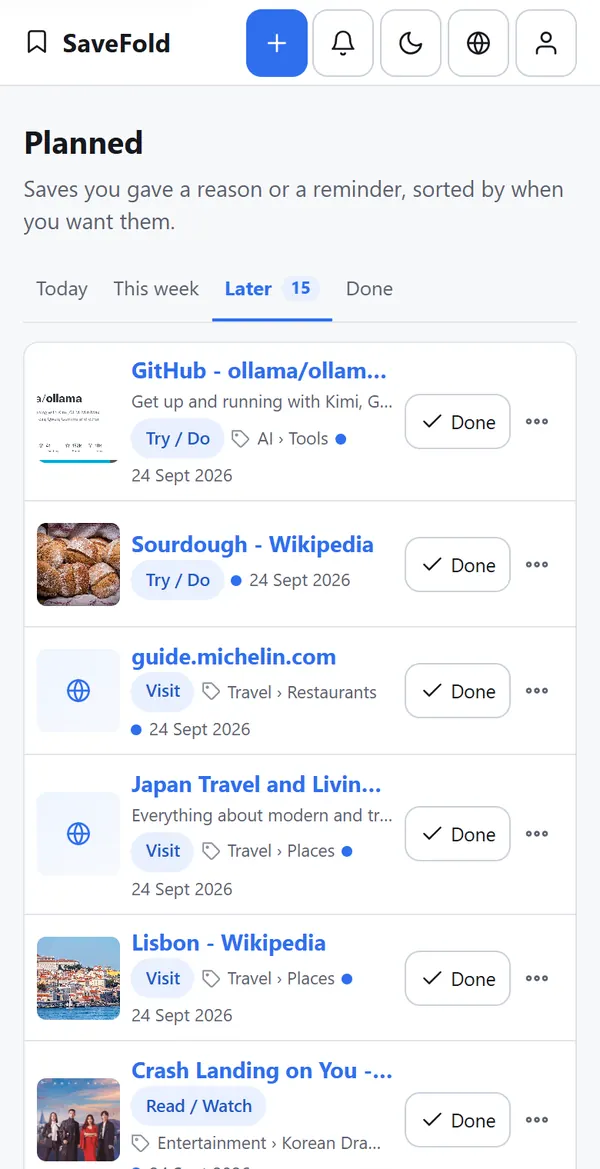 The Planned view on a phone: Saves marked to read, try or visit, grouped by when