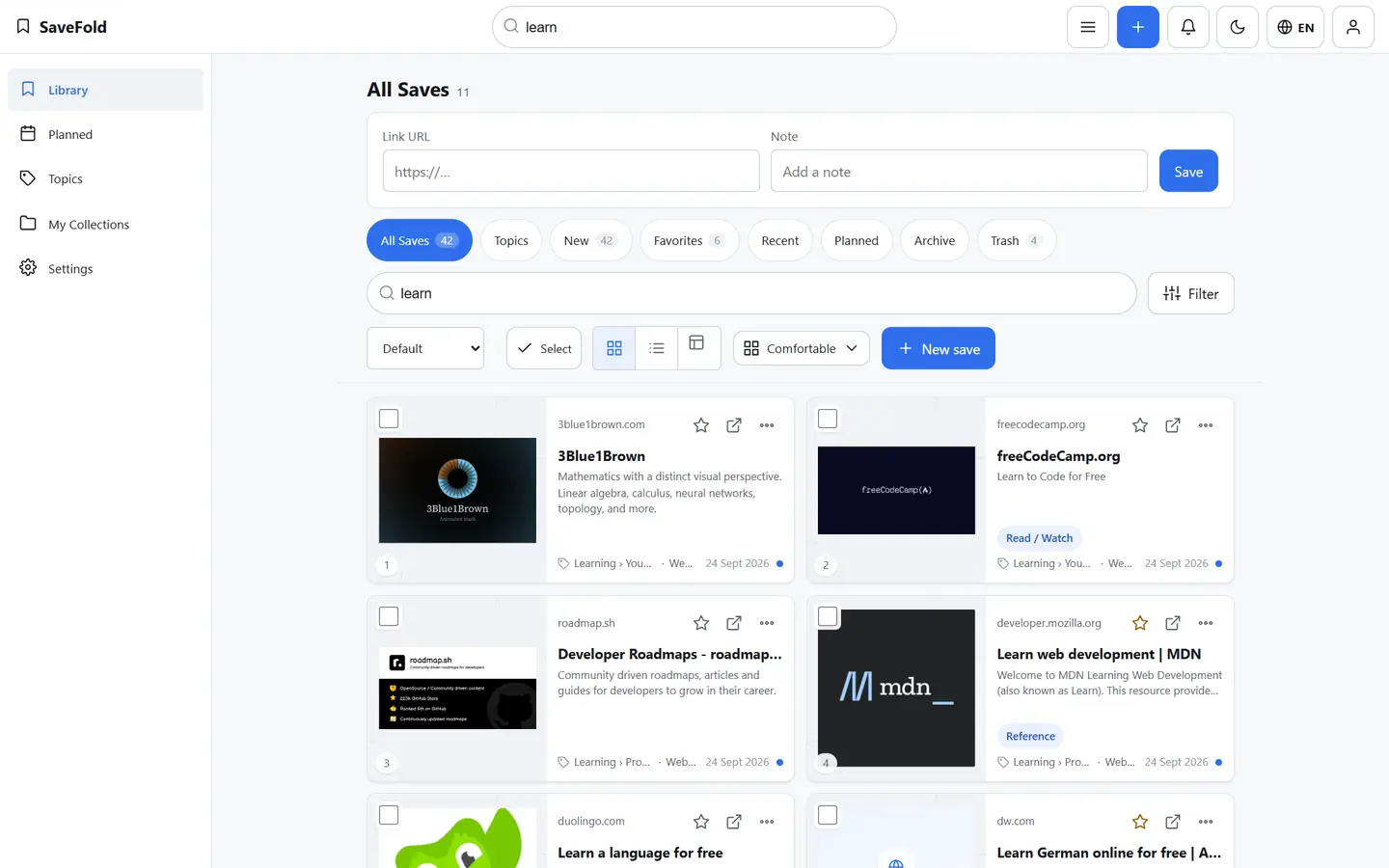 The Library on a computer, searching for “learn”: matching Saves with their Topic, source and preview