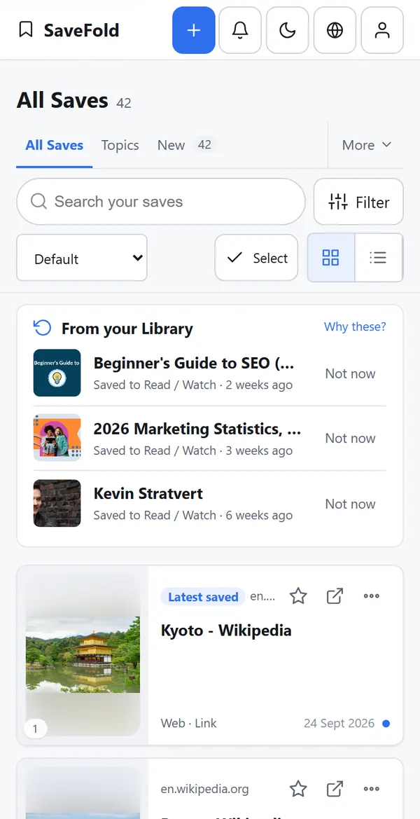 The SaveFold Library on a phone, showing recent Saves with their previews