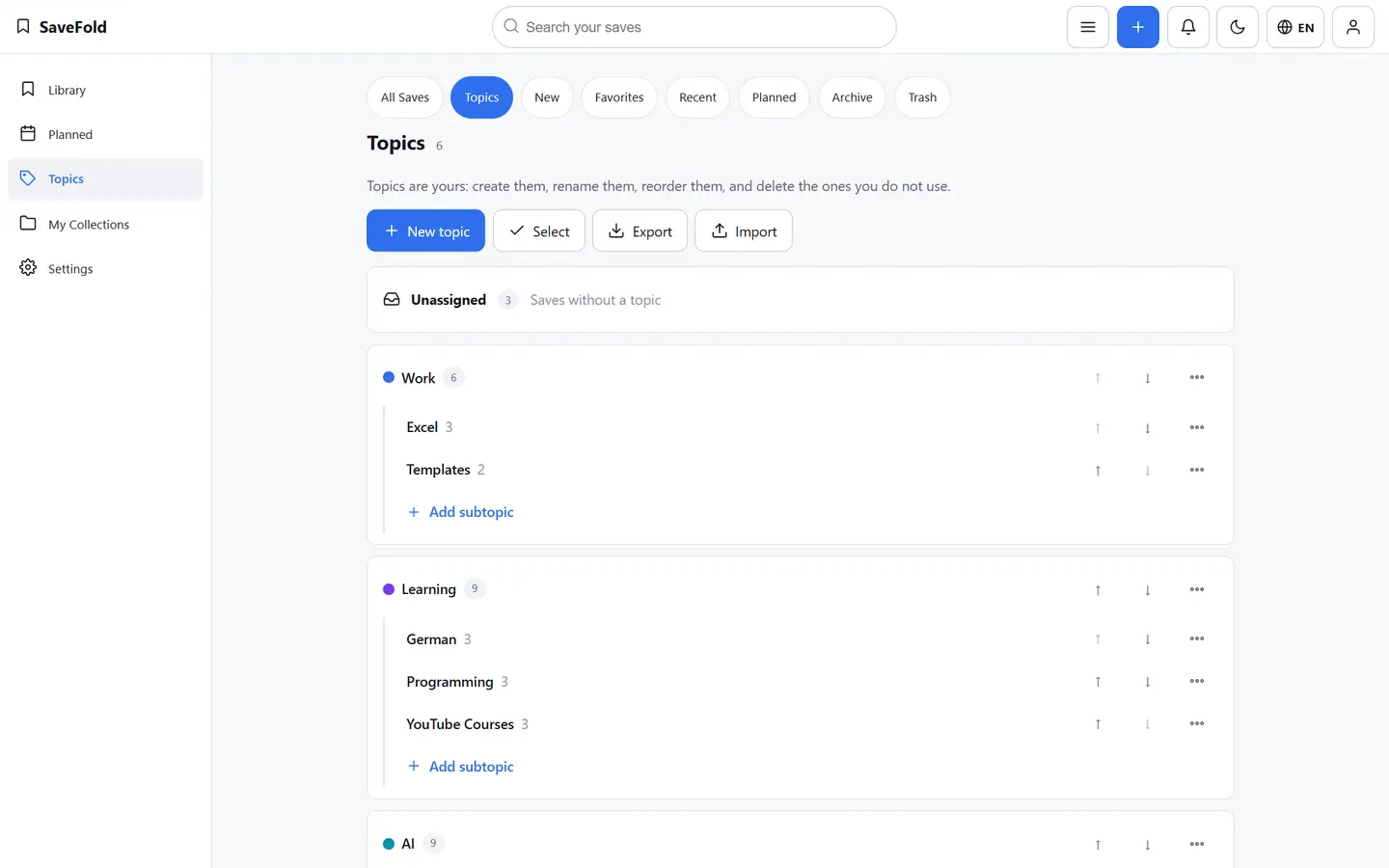 The Topics page on a computer: Main Topics such as AI, Learning and Travel, each with its Subtopics and Save counts